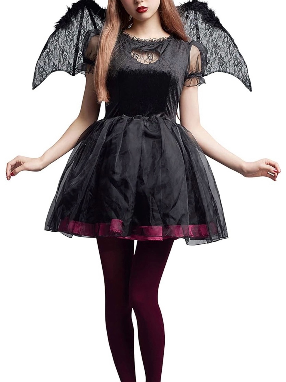 Girls' Black Lace Bat Wing Halloween Costume Dress with Burgundy Trim